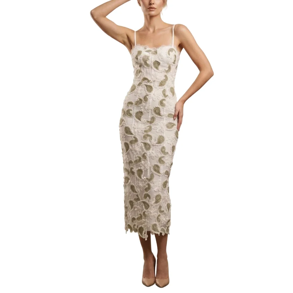 Elegant Sage Green Paisley Lace Midi Dress Women Sexy Spaghetti Strap Corset Bodycon Dresses Luxury Wedding Guest Prom Gown view 6