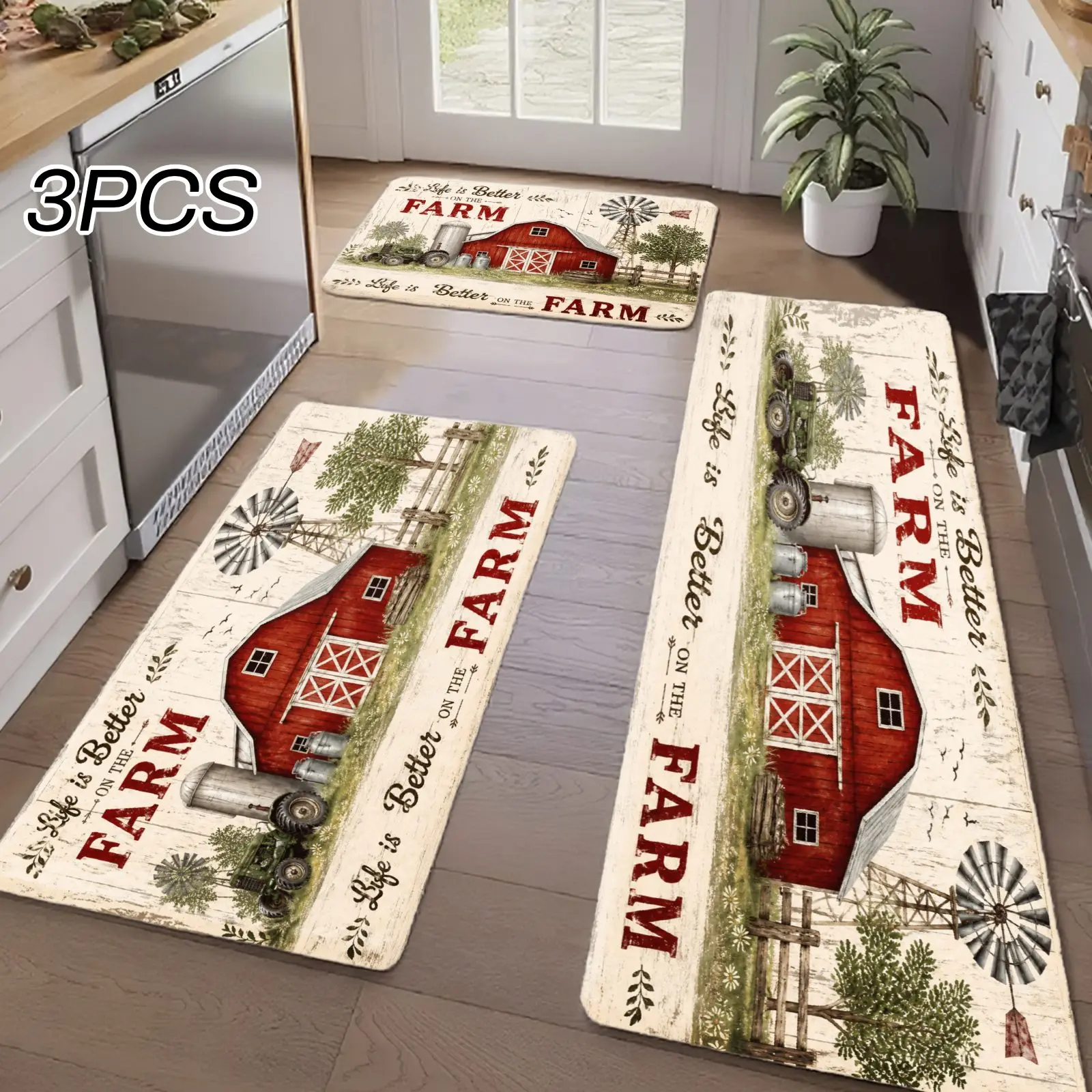 3PCS Kitchen Rugs,Home Decoration for Front Door, Kitchen, Bathroom, Farm House Red Barn Windmill Trees Dining Mat