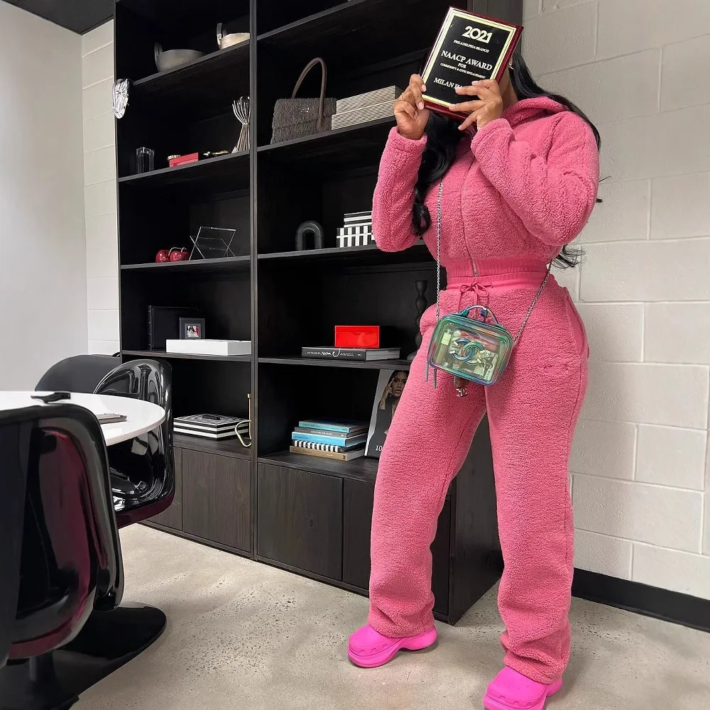 

2025 зимний теплый костюм на молнии, однотонная толстовка с капюшоном и длинными рукавами, шерстяные брюки Zestawy Do Spodni, женский костюм, комплект из 2 предметов