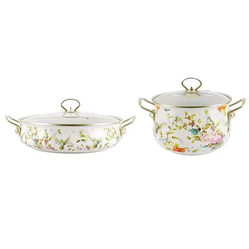 

Vintage floral enamel non-stick cookware enamel binaural soup pot