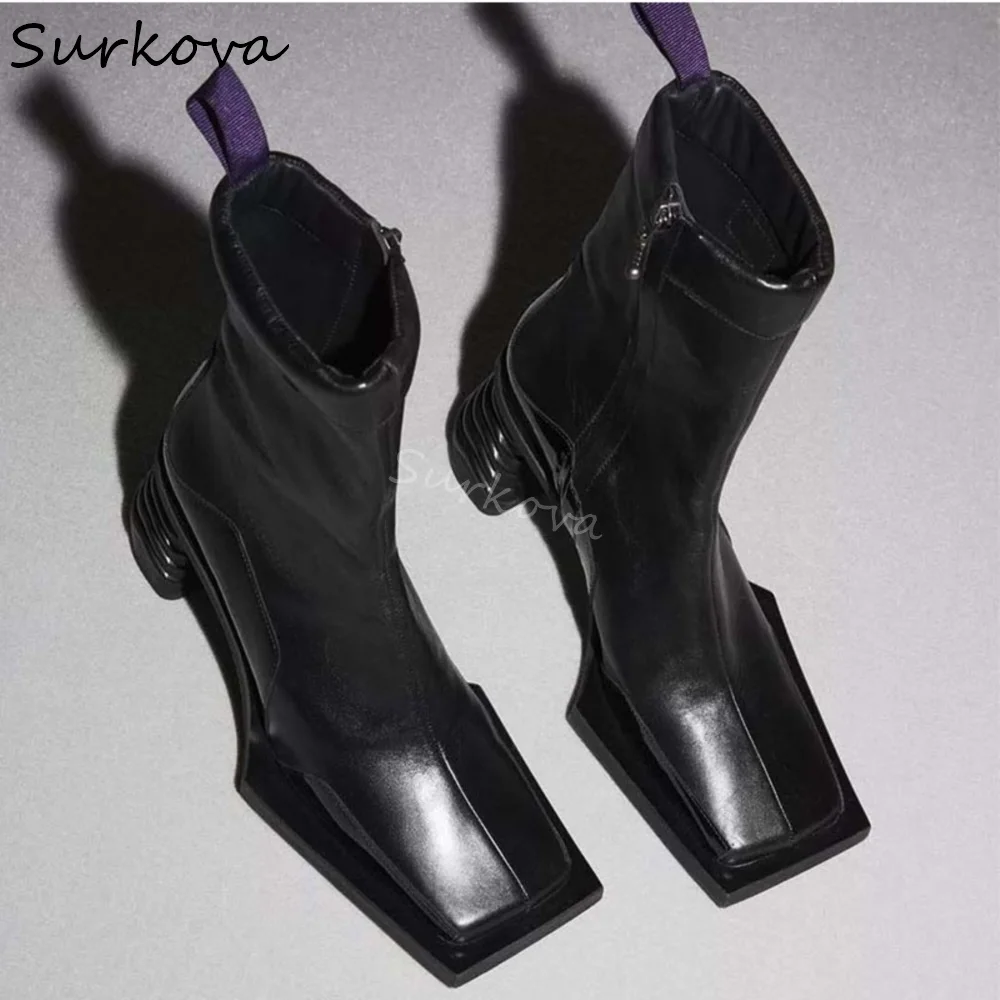 Retro Square Platform Ankle Boots Women Chunky Heels Leather Side Zipper Solid Short Boots 2024 Winter New Fashion Biker Boots