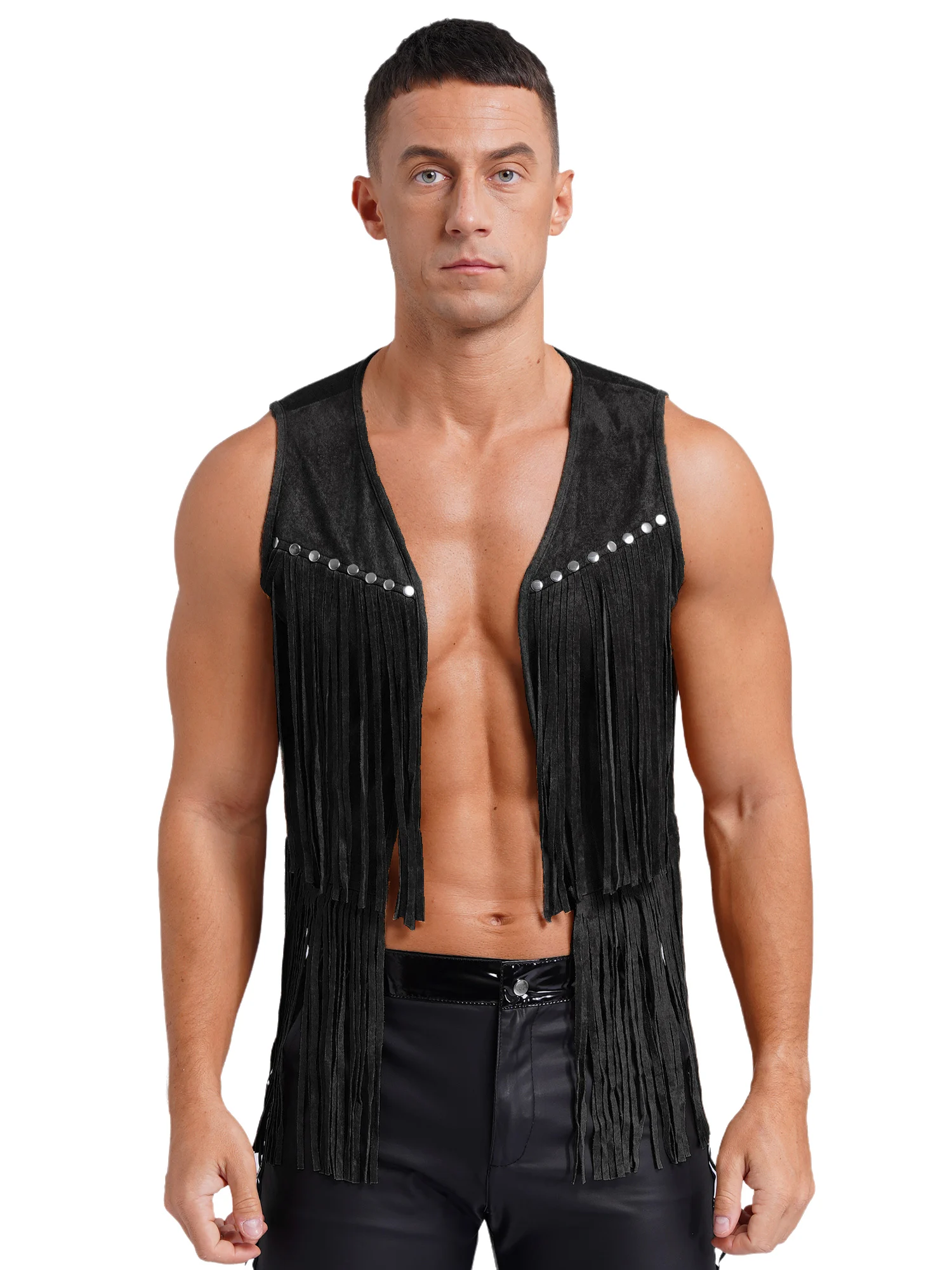 Men Cowboy Vest And Chaps Combo with Tassel Details And Wide Leg Design Comfortable Faux Leather Set for Western Themed Parties