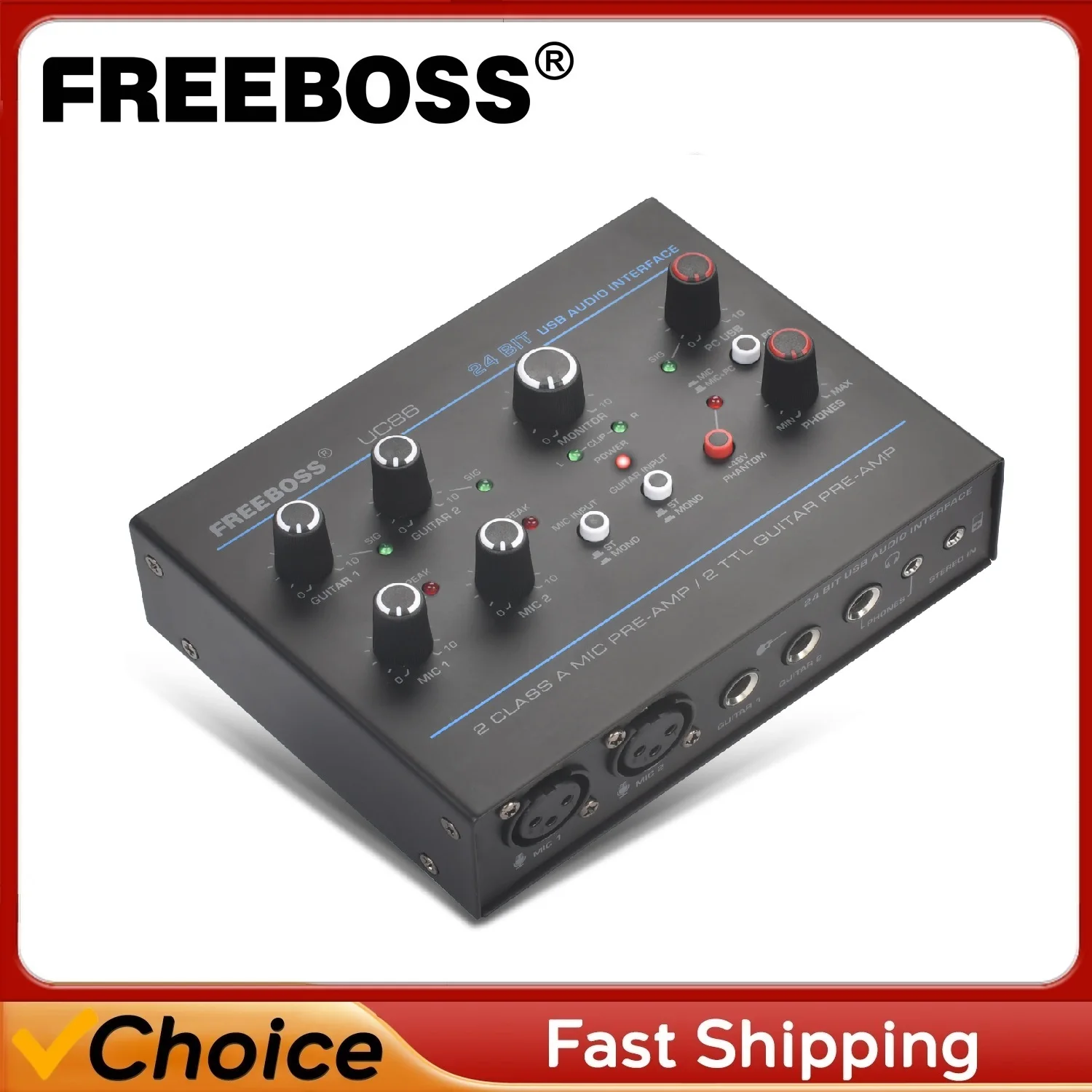 

Freeboss Electric Guitar Sound Card 24bit ASIO4ALL 5 Channel Loopback Audio Interface 3.5mm Phone Input Stereo PC Record UC86