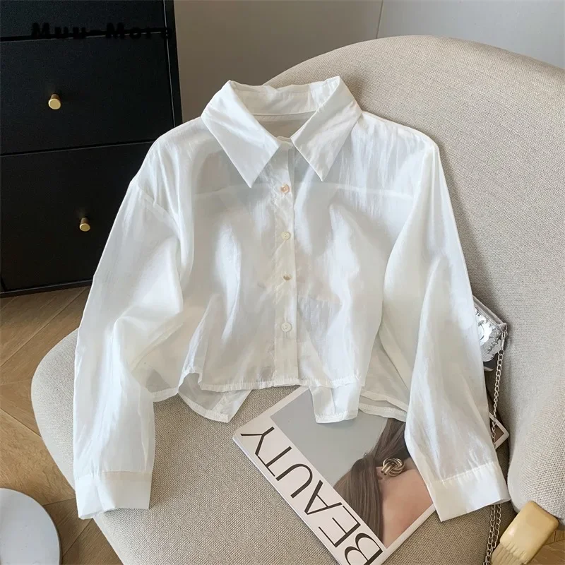 2024 Autumn Hotsweet Style Turn-down Collar Long Sleeve Chiffon Blouses Women's Casual Gyaru Fashion Solid Color Thin Shirts