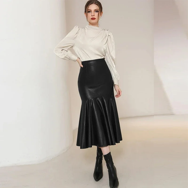 Women's Faux Latex Medium Length Skirt Ruffle Edge Lnvisible Zipper Leather Skirt High Waist Slim New Custom Streetwear