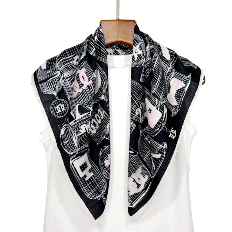 秋冬両面シルクウールスカーフショールパールエッジ多用途多機能植物花柄スカーフ女性用