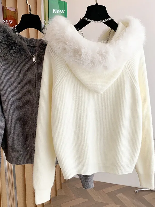 Loose Women's Knitted Sweater Coat with Double Zipper And Fur Collar Korean Sle Simple White Open Cardigan Outerwear