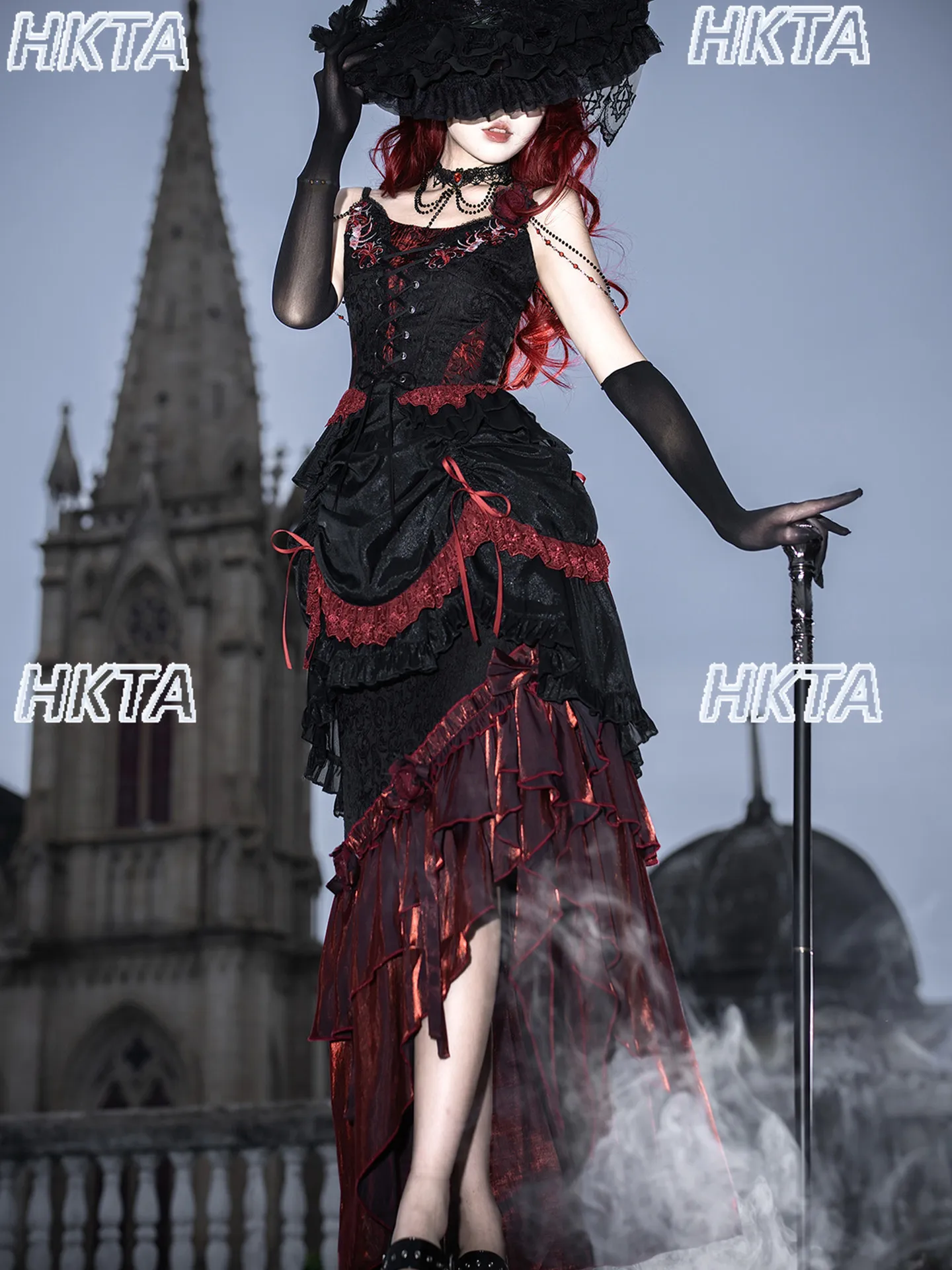 Elegant Vintage Dark Goth Subculture Y2k Personality Lace Embroidered Lolita Suspender Vest A Line Skirt Red Dress Set Women view 6