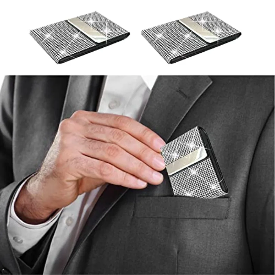 حامل بطاقات العمل اللامعة من جلد البولي يوريثان مع وعاء معدني بأحجار الراين الماسية الكريستالية مع إغلاق مغناطيسي