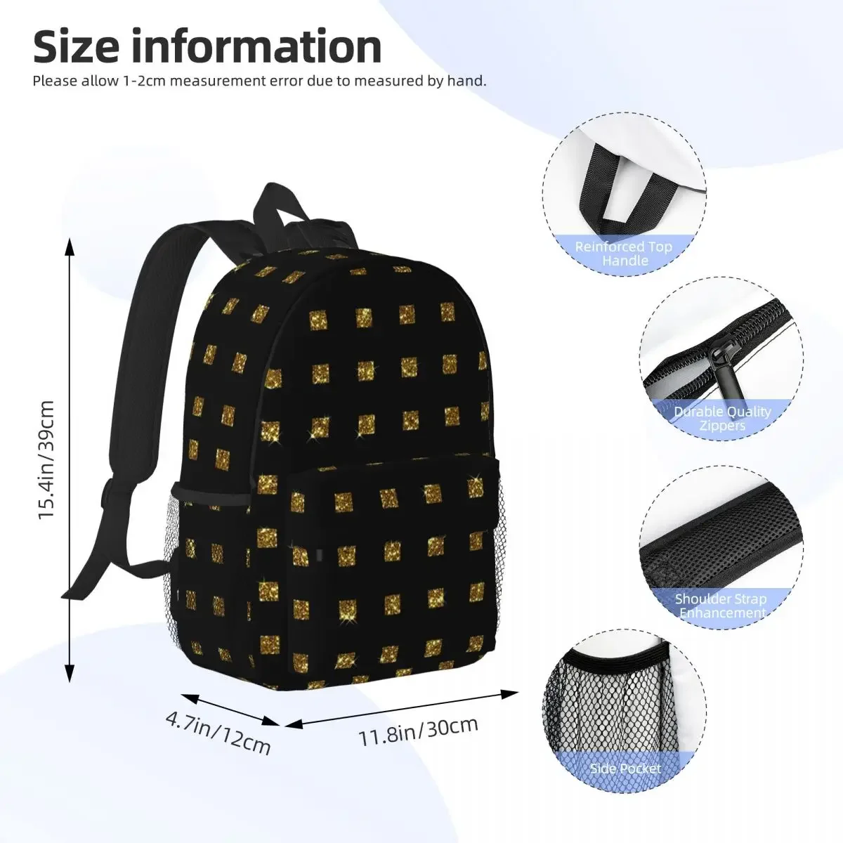 Luxe Gold Glitter Squares On Black Backpacks Boys Girls Bookbag Cartoon Children School Bags Laptop Rucksack Shoulder Bag