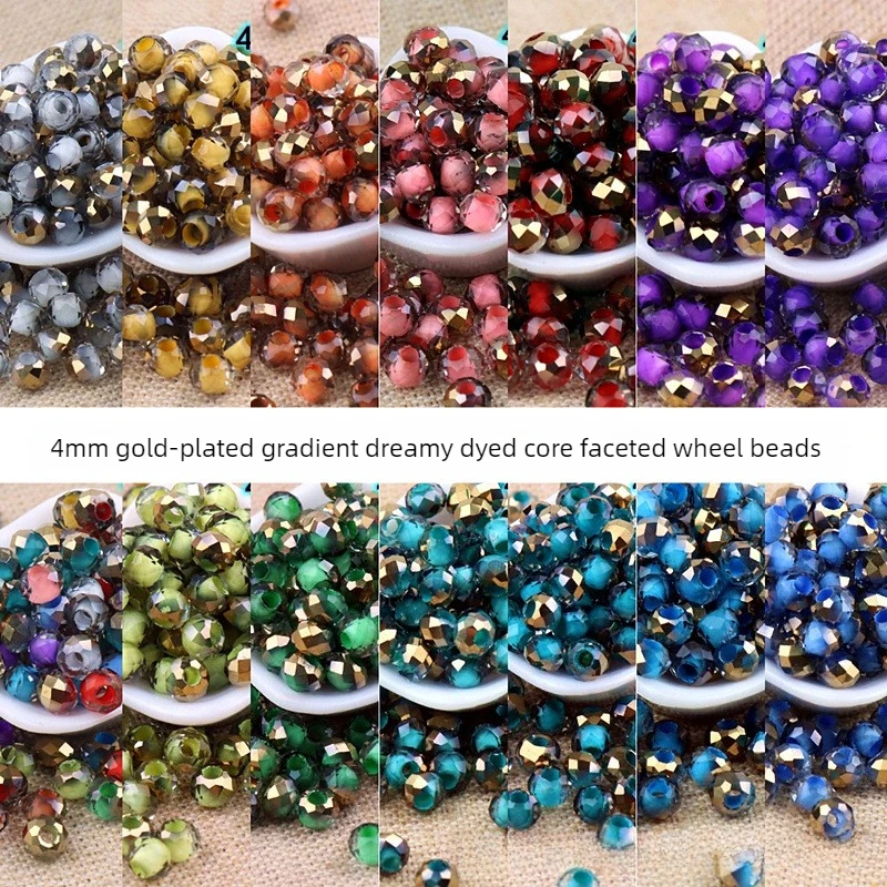 Super Excellent 4mm Gold Plated Gradual Change Dyeing Core Cut Wheel Beads Flat Beads Handmade DIY Woven Beaded Loose Beads