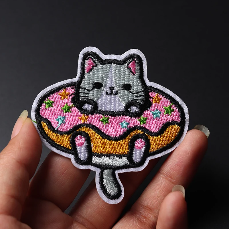 Cartoon cute donut cat size: 7x7cm Iron On Patch Embroidered Applique Sewing Clothes Stickers Garment Apparel Accessories Badges