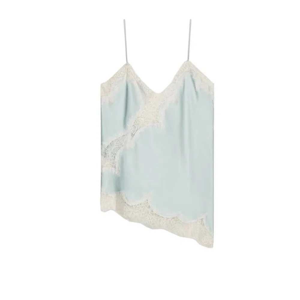 Camisola de Renda Solta e Sexy, Top Cropped Irregular Sem Mangas, Estilo Francês, Colete de Alças, Moda de Rua