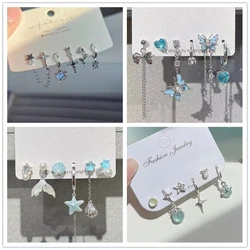 6Pcs/Set Fashion Blue Crystal Star Cross Zircon Heart Chain Drop Earrings Set Women Y2K Jewelry Scene Accessories Gift Brincos