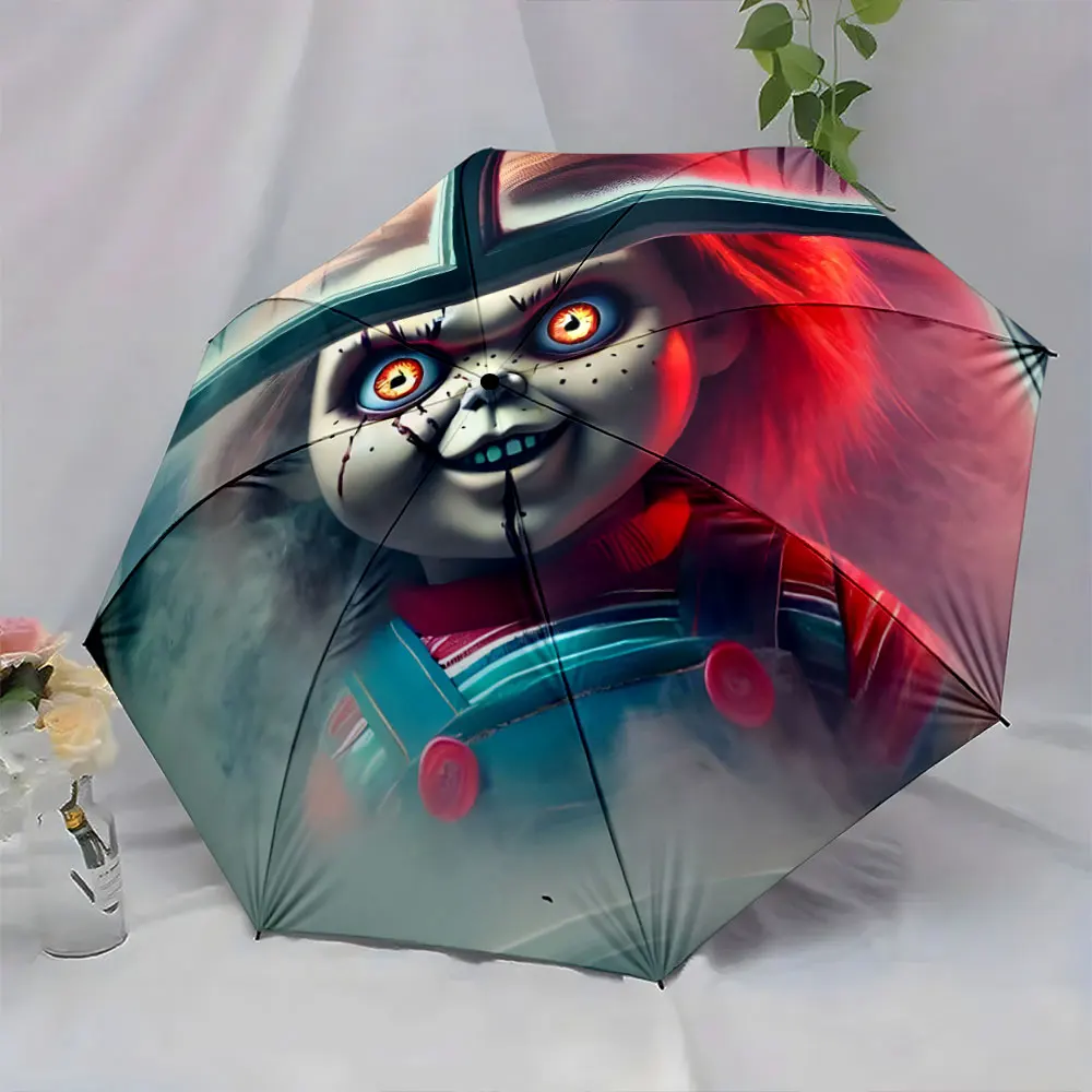 1PC Spooky Doll Design Umbrella for Unique Rainy Days Print 8 Iron Ribs Folding Umbrella Auto-Open Fashion Sunshade