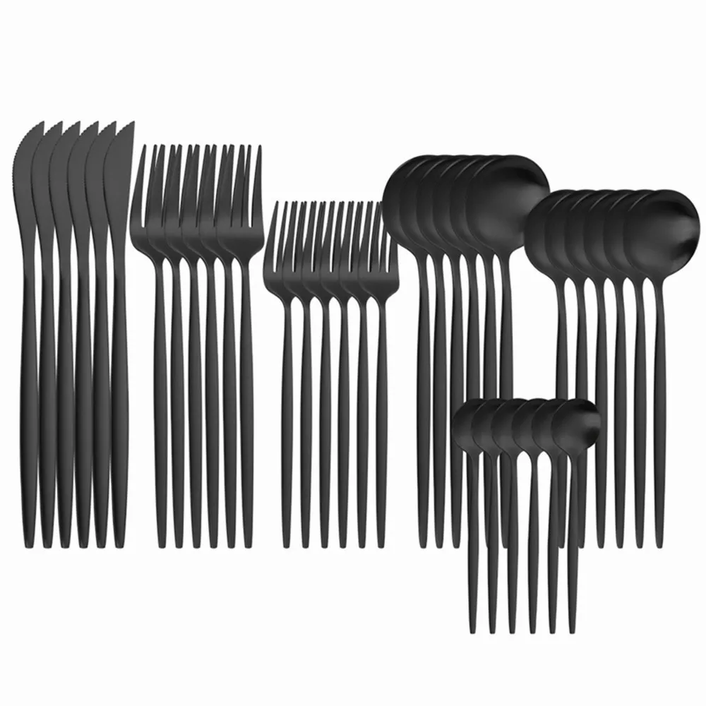 Matte Black Cutlery Set Stainless Steel 36 pcs Forks Spoons Knives Dinner Set Black Kitchen Set Dinnerware Black Cutlery