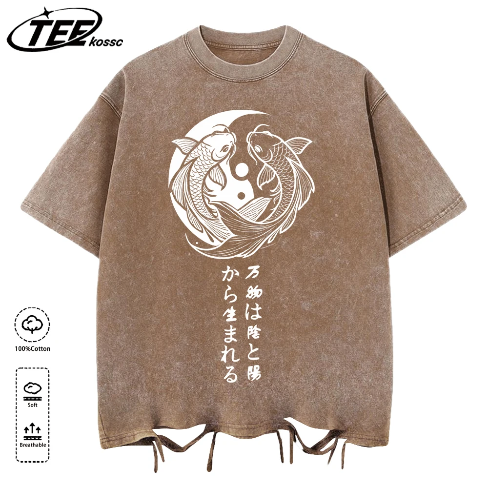 Japanisches Harajuku Koi-Kunst-Buchstaben-T-Shirt für Herren, Baumwolle, All-Match-T-Shirts, modische Kleidung, Unisex, Sommer, locker, weich, kurzärmelig