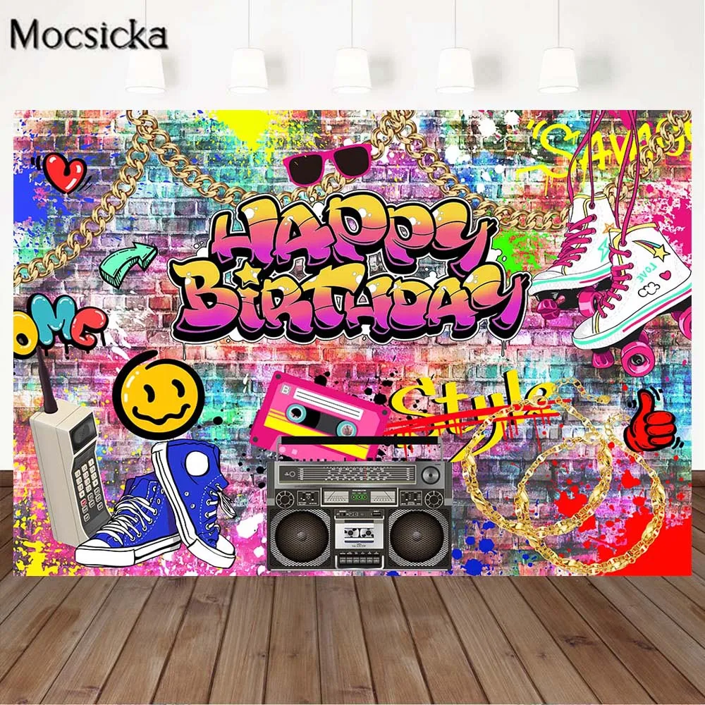 Mocsicka Street Art Graffiti Brick Wall Birthday Backdrop Vintage 80s 90s Party Decoration Hip Hop Photo Background Studio Shoot