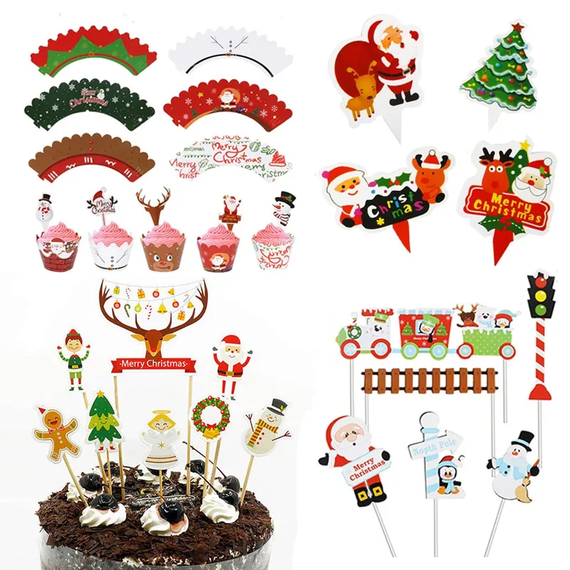 

4/50pcs New Christmas DIY Cake Decoration Cute Snowman Santa Claus Christmas Tree Cupcake Toppers New Year Party Christmas Gift