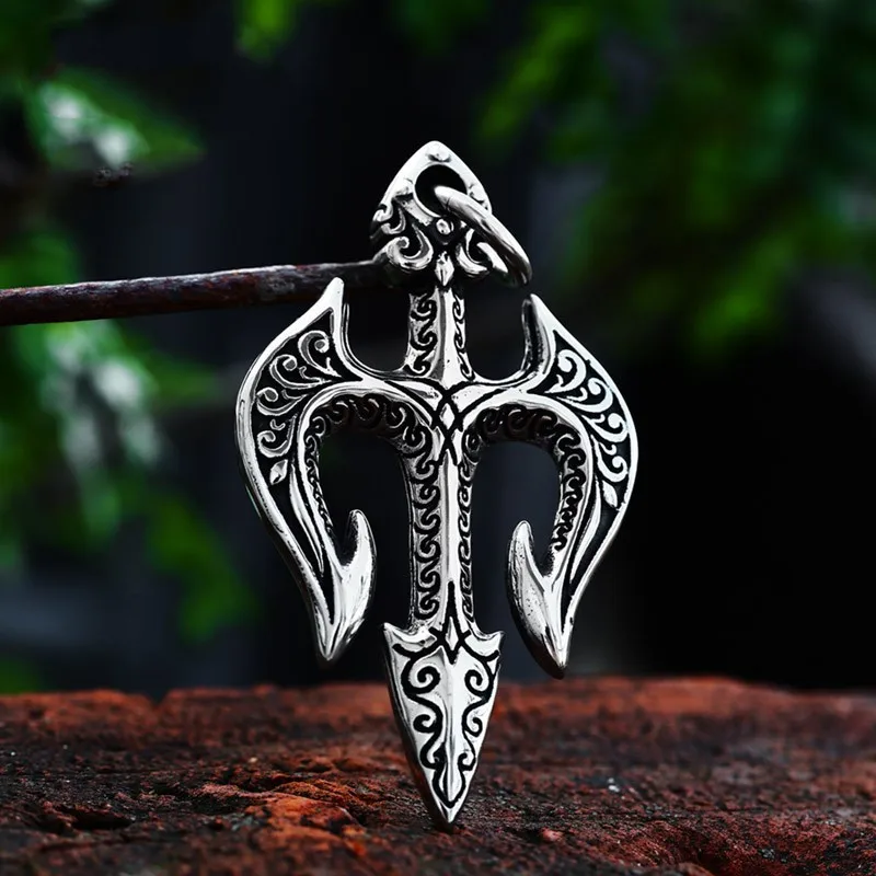 Retro Neptune Poseidon Trident Harpoon Weapon Pendant Necklace Men's Personalized Punk Cool Jewelry