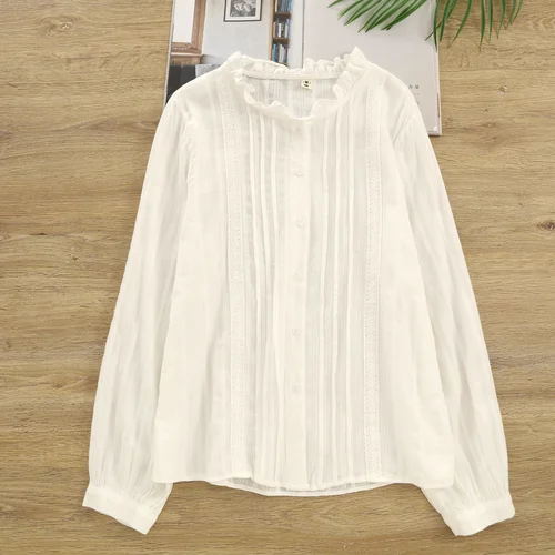 100% algodón Boho Vintage blanco bordado Blusas plisadas camisas mujeres Tops manga larga cuello alto playa Blusas