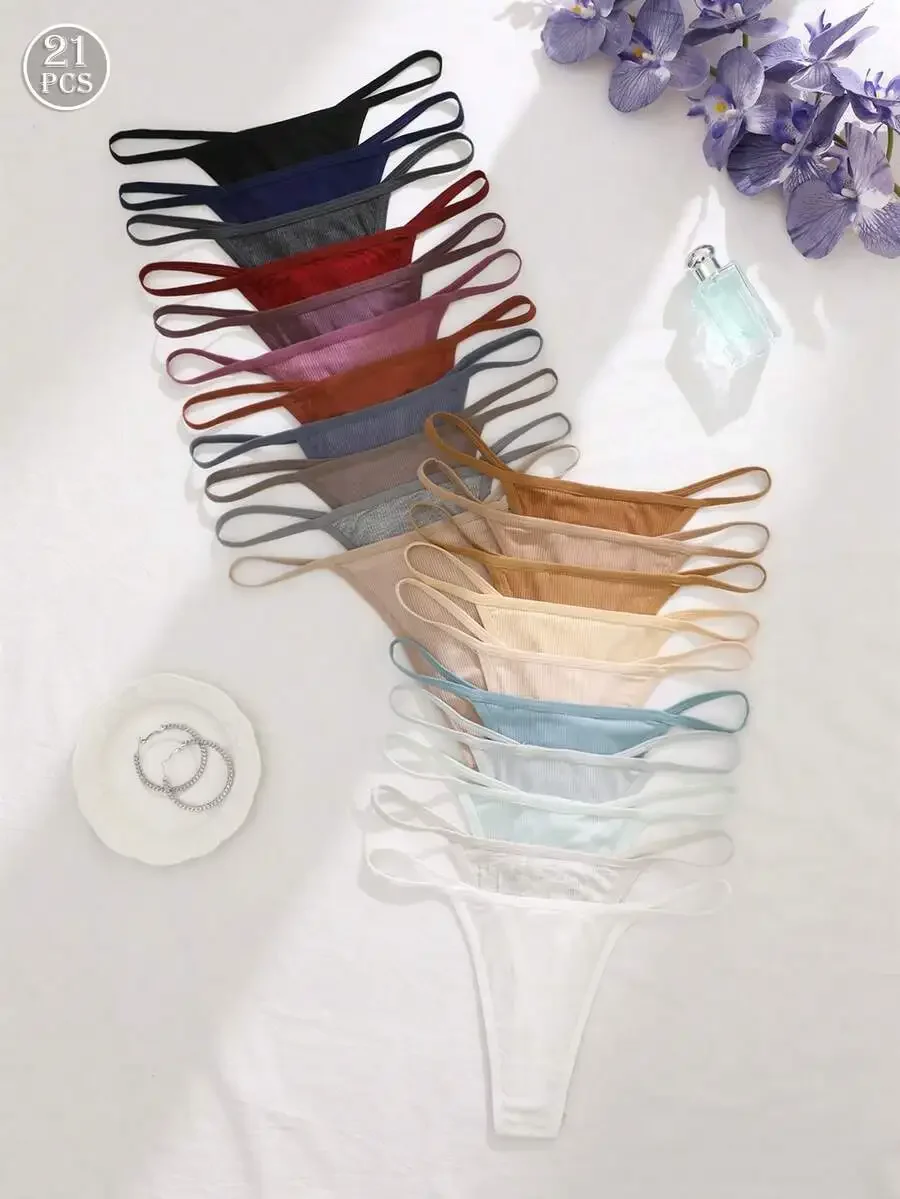 

21pcs Women Ribbed G-String Panties Assorted Solid Colors