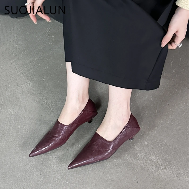 SUOJIALUN Autumn Women Pumps Shoes Fashion Pointed Toe Slip On Ladies Elegnat Boat Shoes Thin Low Heel Outdoor Office Lady Shoes