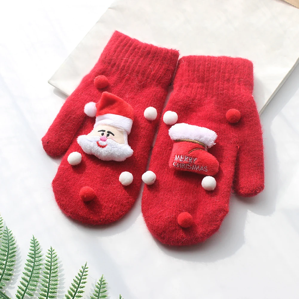 

Autumn Winter Christmas Santa Claus Gloves Kid Adult Thicken Warm Wool Cute Knitted Mittens Short Red Santa Full Finger Gloves