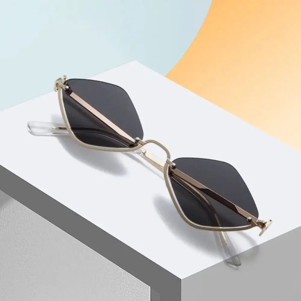 Occhiali da sole a rombo UV400 Protezione UV Mezza montatura in metallo Resistente ai raggi UV Occhiali da ciclismo in vetro Cat Eye Shades Occhiali da sole poligonali