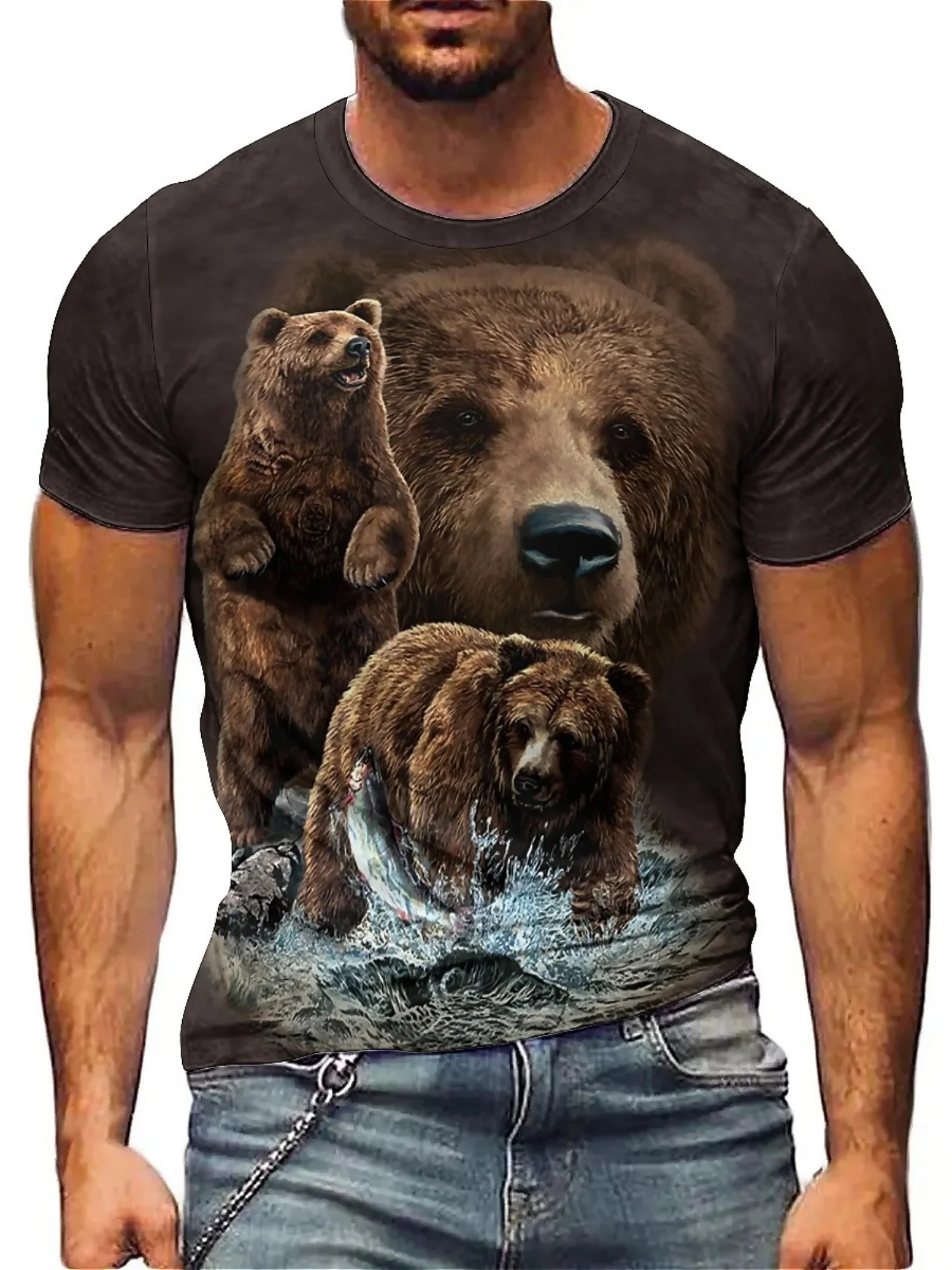 Spring/Summer Men's & Women's 3D Print Bear Graphic T-Shirt - Soft Polyester Fabric, Regular Fit Round Neck Short Sleeve Tee