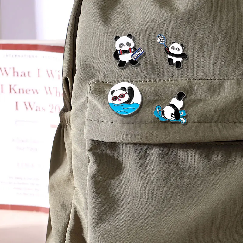 Cute Sports Panda Collection Enamel Brooches Playing Basketball Football Tennis Swimming Diving Weightlifting Pins