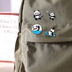 Cute Sports Panda Collection Enamel Brooches Playing Basketball Football Tennis Swimming Diving Weightlifting Pins