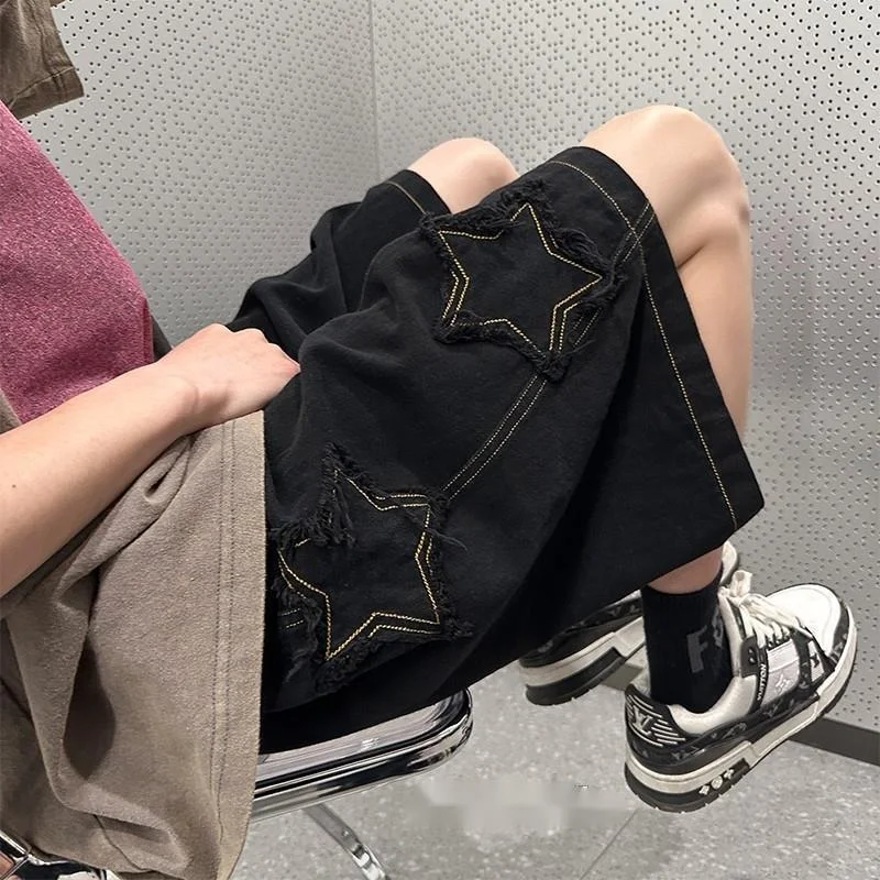 Hip-hop Star Jeans Shorts Men Summer Y2k Denim Sweatpants Black High Street Baggy Pant Korean Fashion Streetwear Clothes 2024