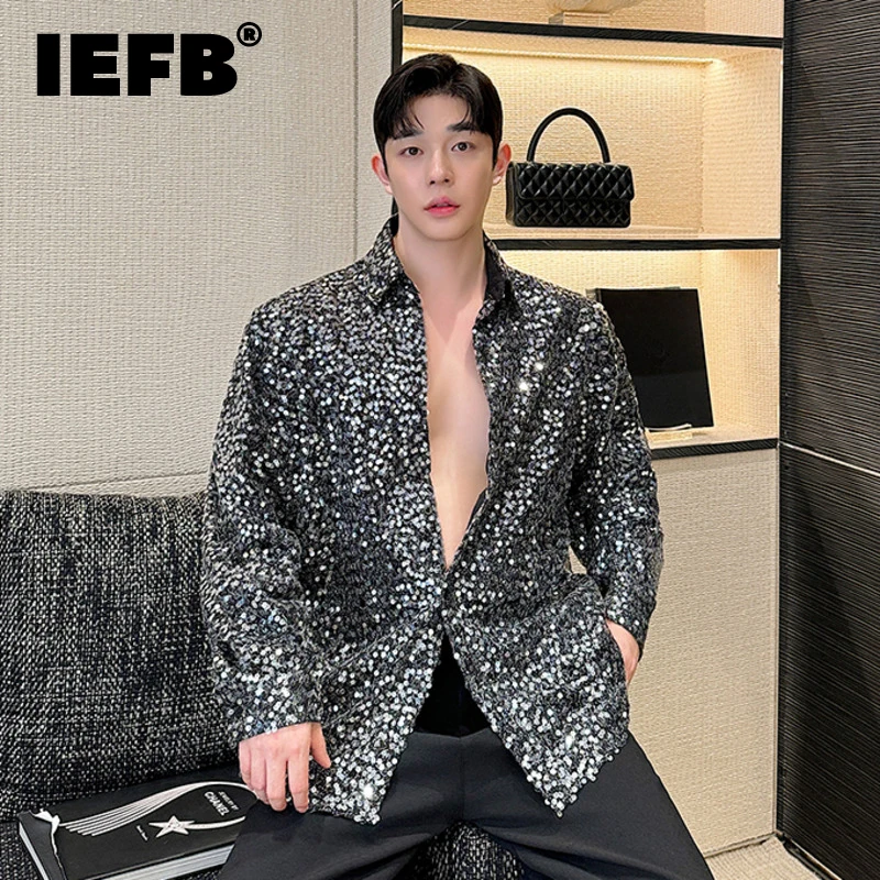 

IEFB Niche Design Irregular Bead Shirt Nightclub Handsome Men's Fashion Tide Loose Fitting Sequin Shirt Long Sleeve 2024 9C7231