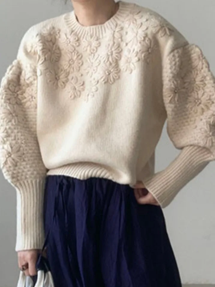 

Шикарный круглый свободный повседневный вязаный свитер в стиле ретро с вышивкой ромашки, женский фонарь све с тяжелой вышивкой