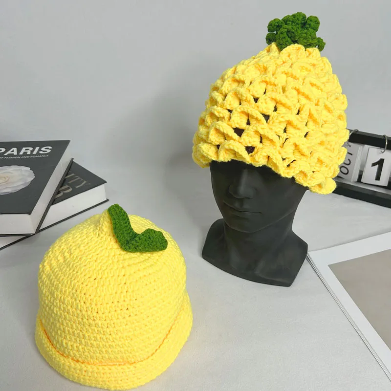 

Trendy Novelty Fruit Handmade Crochet Lemon Pineapple Knitted Hats Cartoon Cute Funny Cotton Skull Hats Fashion Head Accessory
