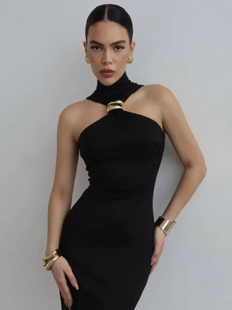 Coltrui sexy metalen ring zomer nieuwe mouwloze maxi-jurk voor vrouwen hoge taille gewaad bodycon party lange jurk elegant