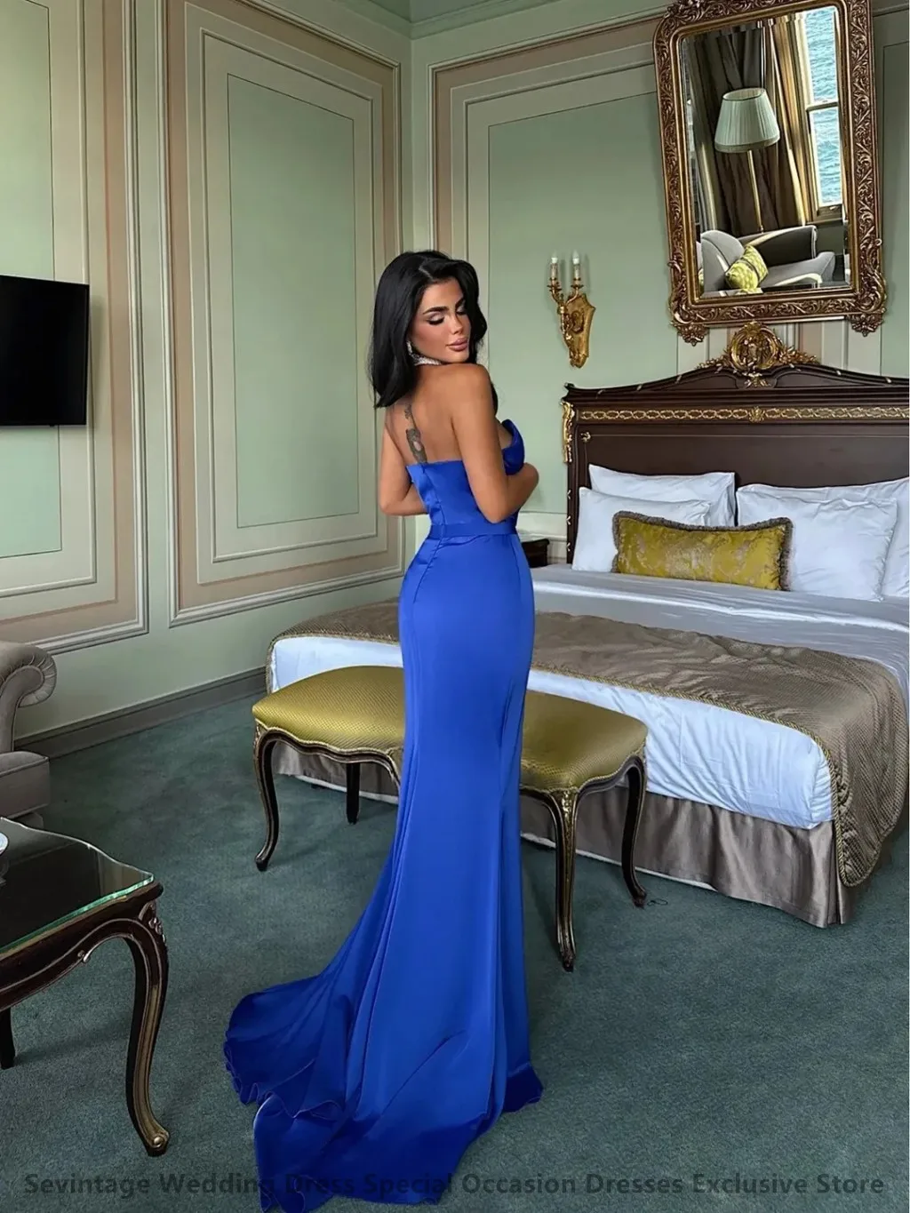 Sevintage 2025 bleu Royal Satin perlé chérie Maxi robe de soirée sirène robe de bal pour mariage Farmol robe de soirée personnalisée