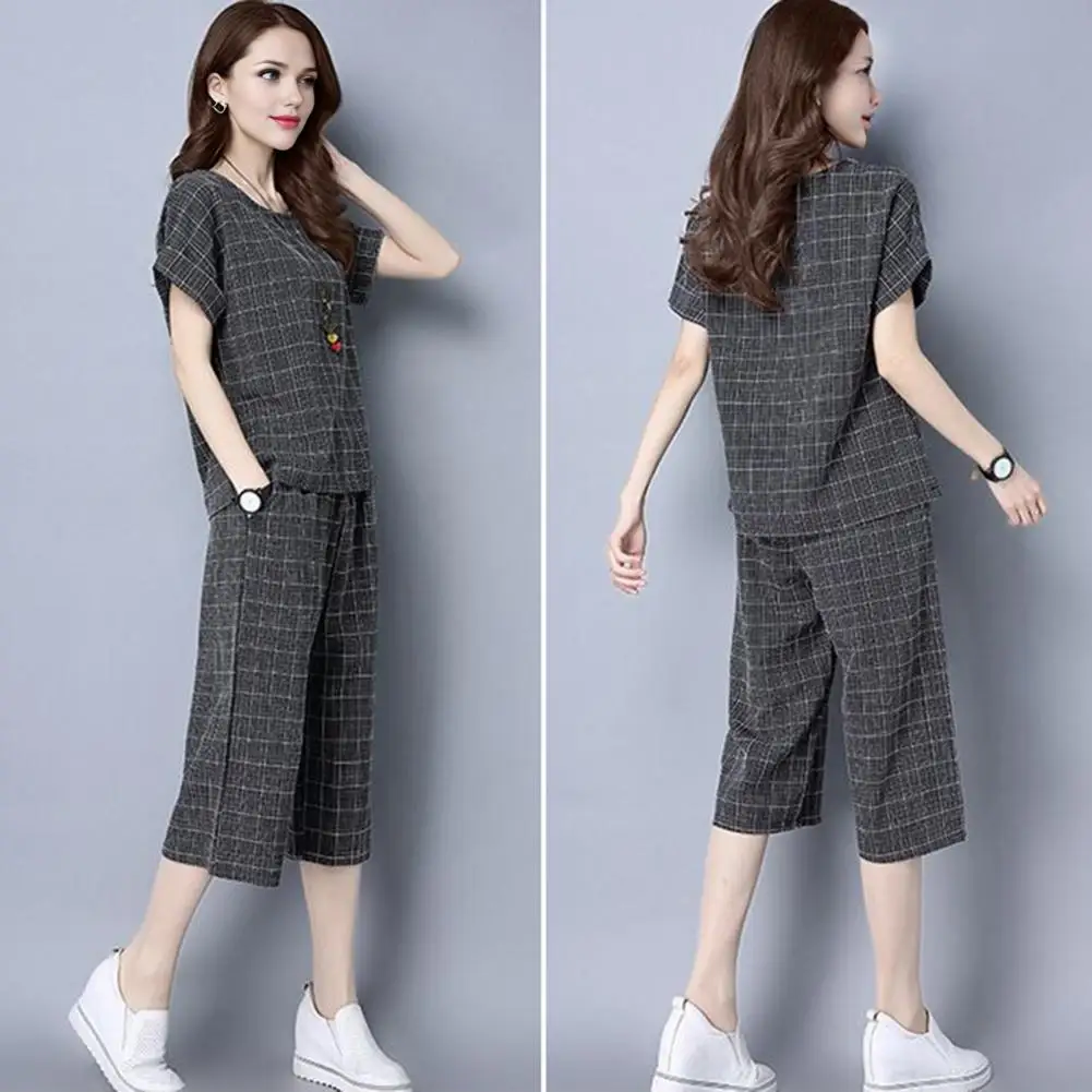 여성 투피스 세트, 스타일리시한 여성 체크무늬 투피스 의상, 벨보텀 크롭 팬츠 세트, 여름 크루넥 여성용