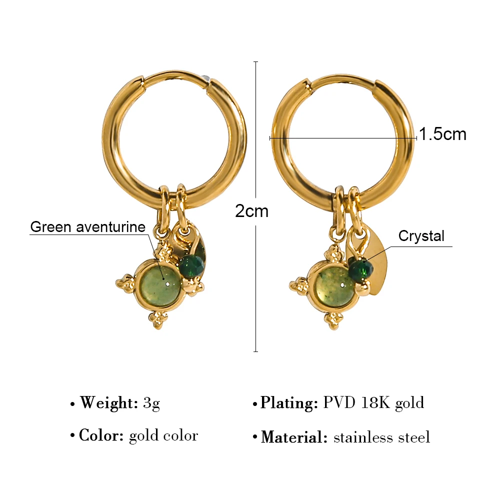 WILD & FREE PVD 18K Gold Plated Vintage Stainless Steel Hoop Earrings for Women Green Natural Stone Charms Trendy Jewelry