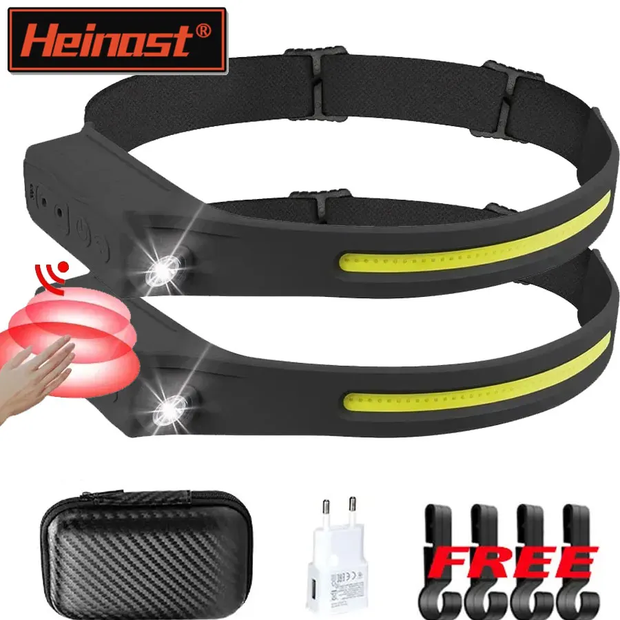 LED COB Sensor Headlamp Built-in Battery Type C Rechargeable 5 Modes Waterproof Head Torch Outdoor Camping Fishing Headlight
