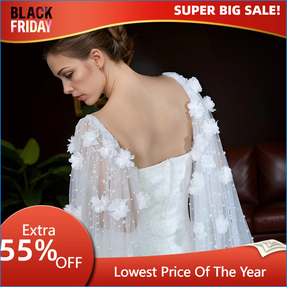 TOPQUEEN G110 Bridal Shawl Wedding Cape White Flowers With Pearls Draped Newly Designed Cape for Wedding Dress DIY Bolero Women