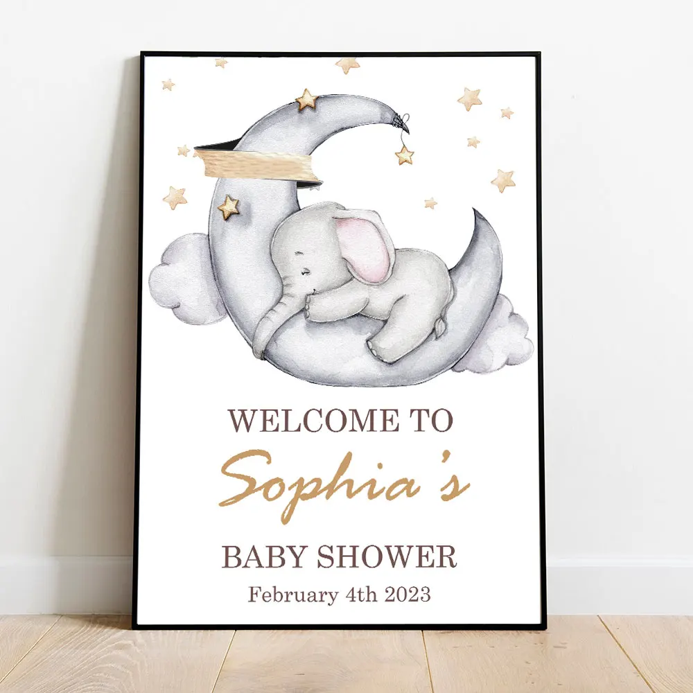 Elephant Animals Poster Baby Shower Custom Name Art Print Birthday Party Canvas Painting Baptism Wall Picture Personalise Deco