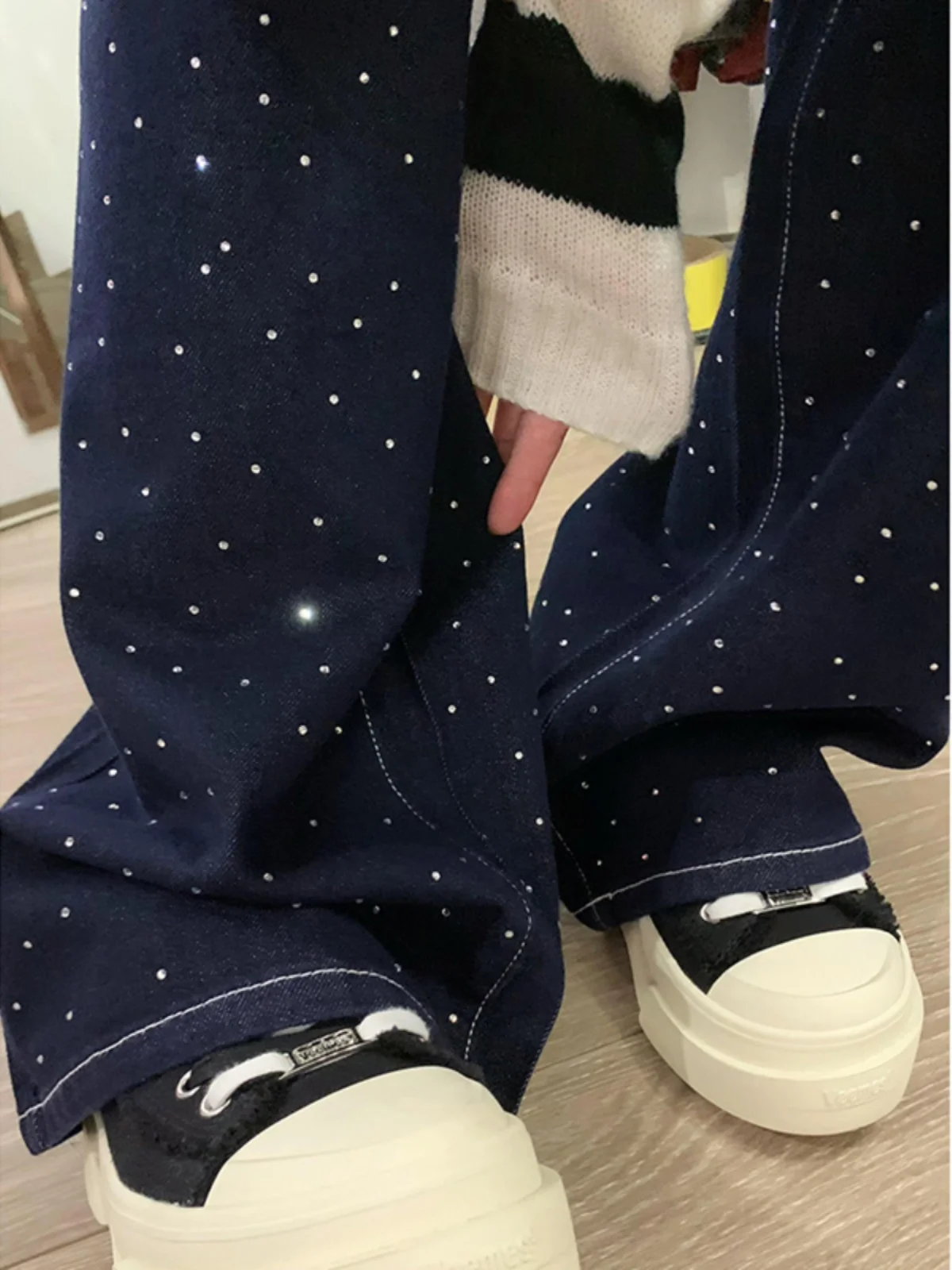 

High Waist Soft Dra Sequin Denim Wide Leg Pants Women's Spring Autumn Long Tapered Jeans Blue Jeans High Waist Wide Leg P...