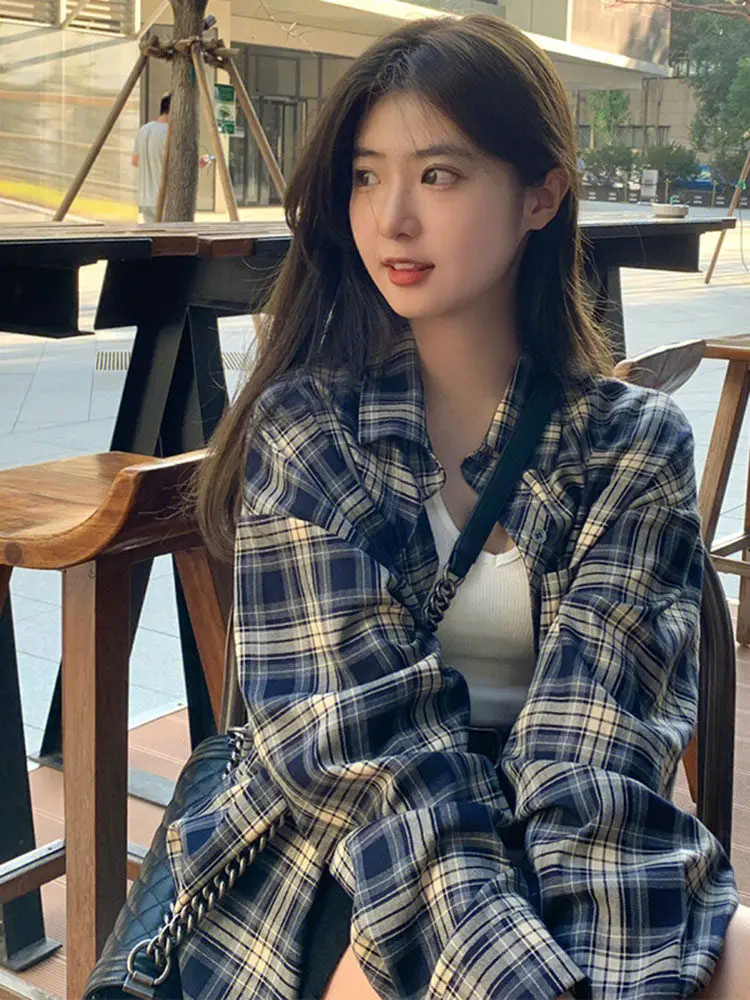 

Retro Plaid Sweet Sun Protection Long Sleeve Shirt Women's Spring New Outerwear Cardigan Korean Style Warm Collar Coat