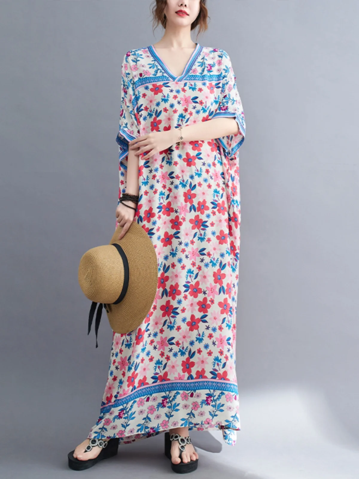 Summer New Cotton Silk Print V-neck Loose plus Size Simple Holiday Style Long Dress Women's Beach Skirts A-line Silhouette