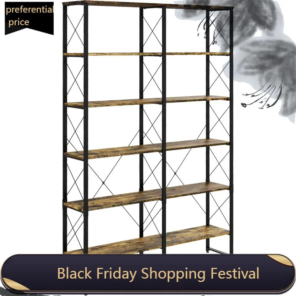 

Bookshelf, Tall Industrial Bookcase with 6 Shelves, 5-Tier Storage Rack with Steel Frame, 53.25" Wide Display Rack