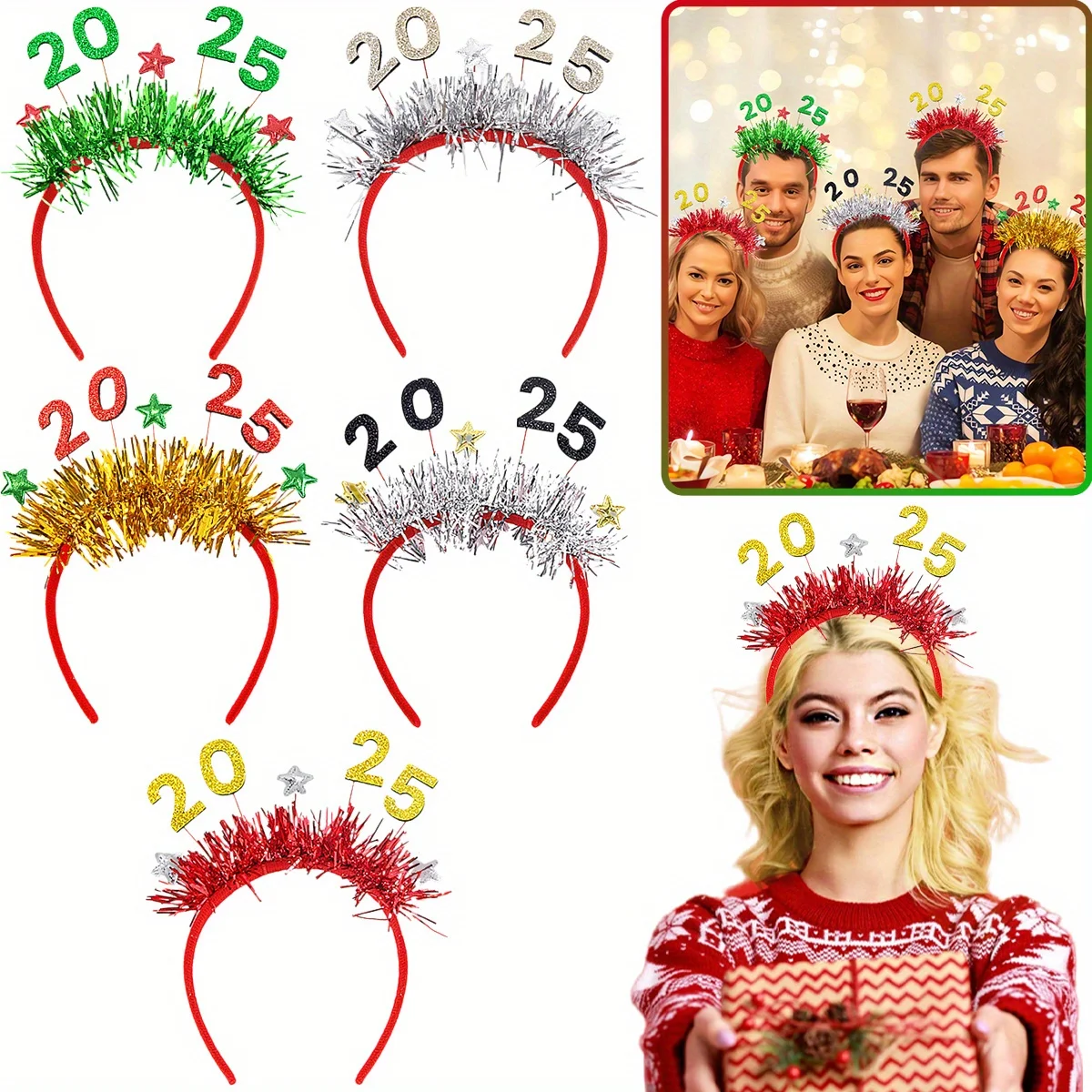 

5Pcs Happy New Year Headbands Golden Silver Glitter Sparkles Headwear for 2025 Christmas New Year Eve Birthday Party Supplies