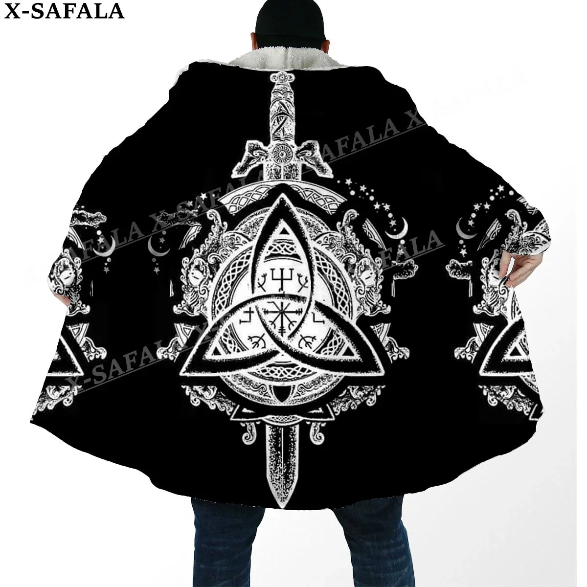 Viking Line Tattoo Symbol Totems Thick Warm Hooded Cloak Men Overcoat Coat Windproof Fleece Cape Robe Hooded Blanket-6