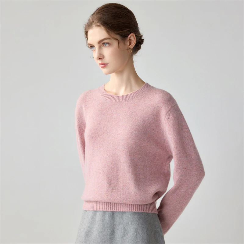 100% pure cashmere lazy style round neck pure cashmere sweater women's long sleeved pullover knitted sweater simple and versatil
